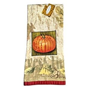 Harvest Time Kitchen Towel Appliqued Pumpkin Print Fall Leaves 1pc Holiday Gift